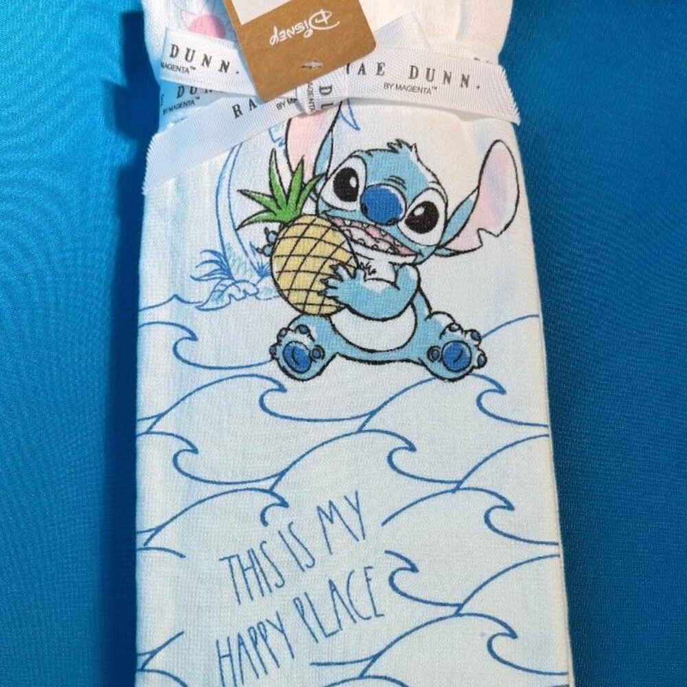 NWT ~ BRAND NEW RAE DUNN ~ DISNEY ~ STITCH " THIS IS MY HAPPY PLACE " TOWEL SET